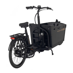 Rear angle of the Aitour Basalt 250W electric cargo bike showing the battery and rack.