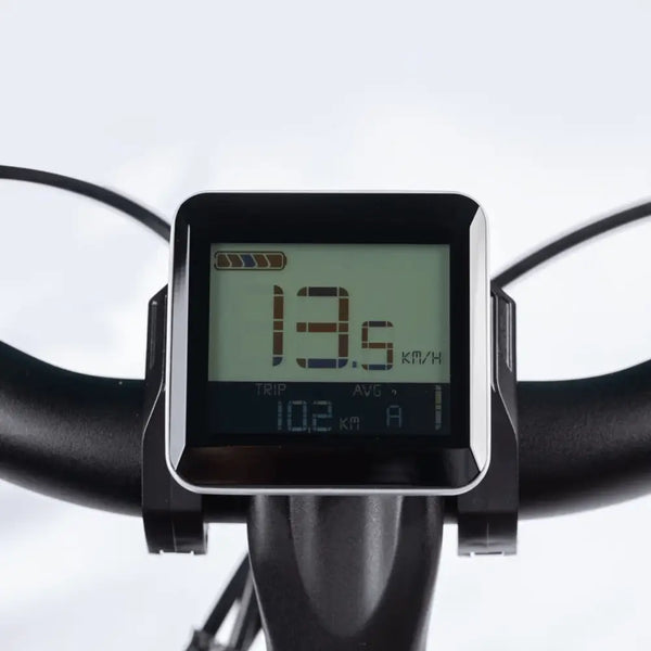 Digital LCD display of the Aitour Electric Cargo Bike Starter 250W showing speed, battery level, and trip data.