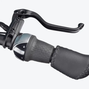 Close-up of the handlebar and brake lever of the Aitour Electric Cargo Bike Starter 250W, showing the ergonomic grip and gear shifter.