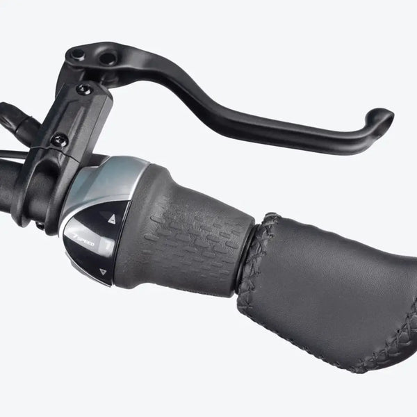 Close-up of the handlebar and brake lever of the Aitour Electric Cargo Bike Starter 250W, showing the ergonomic grip and gear shifter.