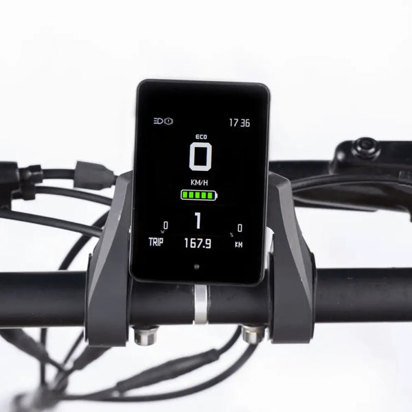 Digital LCD display showing speed, battery and trip details on the Aitour Electric Cargo Bike Starter 250W.