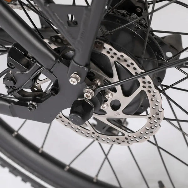 Close-up view of the rear disc brake rotor and caliper on the Aitour Electric Cargo Bike Starter 250W.