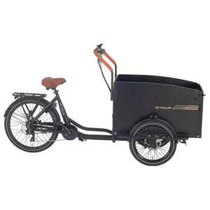 Side view of the Aitour Electric Cargo Bike Starter 250W with spacious front cargo box and brown saddle.