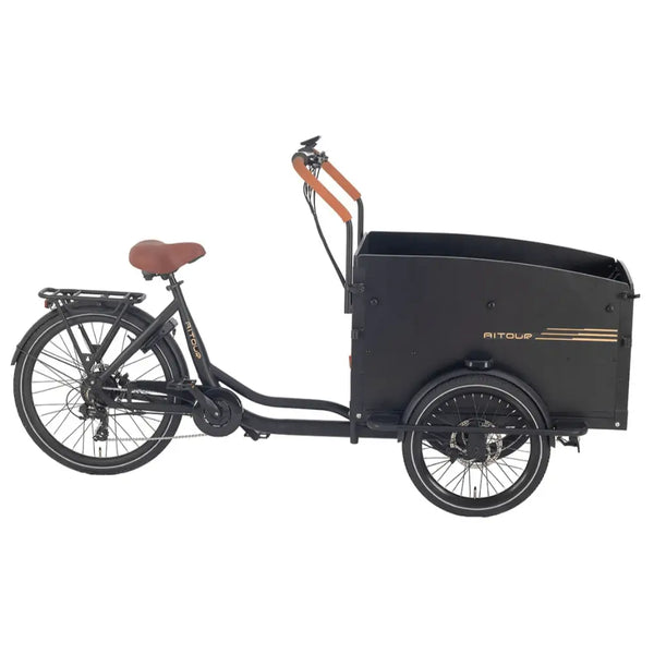 Side view of the Aitour Electric Cargo Bike Starter 250W with spacious front cargo box and brown saddle.
