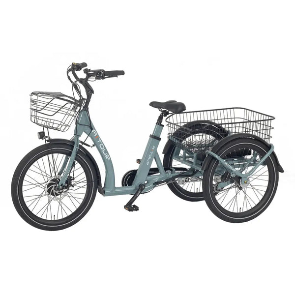 Angled side view of the Aitour Heal Middle electric trike 250W with front and rear baskets, step-through frame, and three-wheel design for stability.