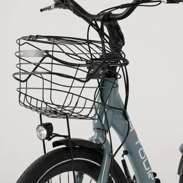 Front view of the Aitour Heal Middle Electric Trike showing the wire basket and front light.