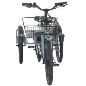 Front view of the Aitour Heal Middle Electric Trike 250W with dual rear baskets and front basket for carrying goods.