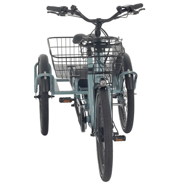 Front view of the Aitour Heal Middle Electric Trike 250W with dual rear baskets and front basket for carrying goods.