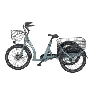 Left side view of the Aitour Heal Middle electric trike 250W with front and rear baskets, step-through frame, and three-wheel design for stability.