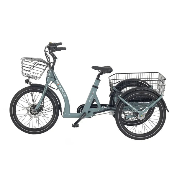 Left side view of the Aitour Heal Middle electric trike 250W with front and rear baskets, step-through frame, and three-wheel design for stability.