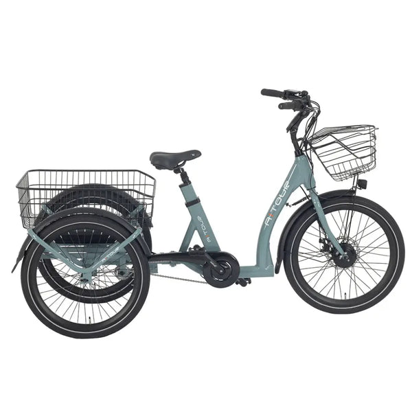 Side view of the Aitour Heal Middle Electric Trike 250W showing sturdy frame, step-through design, and storage baskets.