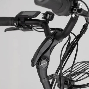 Close-up of the Aitour Heal Middle electric trike 250W handlebar with adjustable stem, display screen, and wiring details.