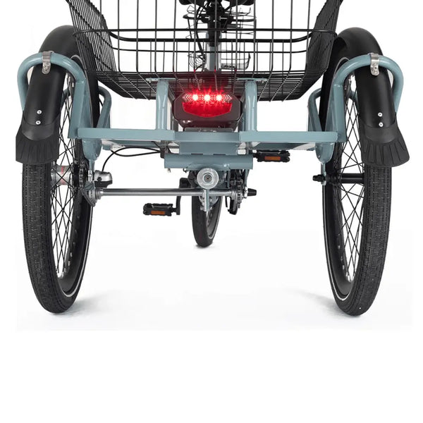 Rear view of the Aitour Heal Middle Electric Trike with basket and red LED tail light.