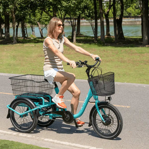 Woman riding the Aitour Heal Mini folding electric trike on a park path, showing comfort and ease of use.