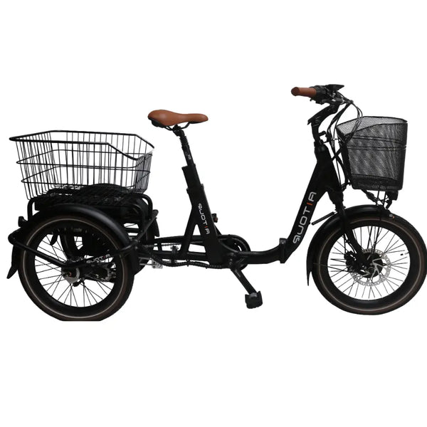 Side view of the Aitour Heal Mini folding electric trike 250W in black with front and rear baskets.