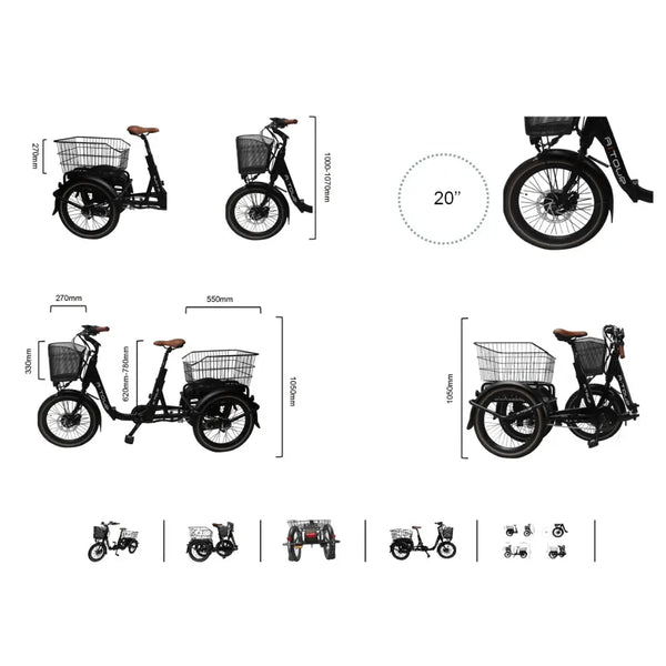 Size chart and dimensions of the Aitour Heal Mini folding electric trike 250W.