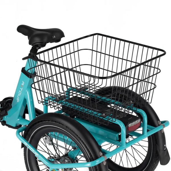 Rear view of the Aitour Heal Mini trike showing large cargo basket and dual rear wheels.