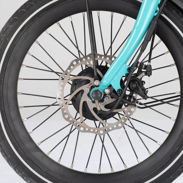 Close-up of the front disc brake on the Aitour Heal Mini folding electric trike.