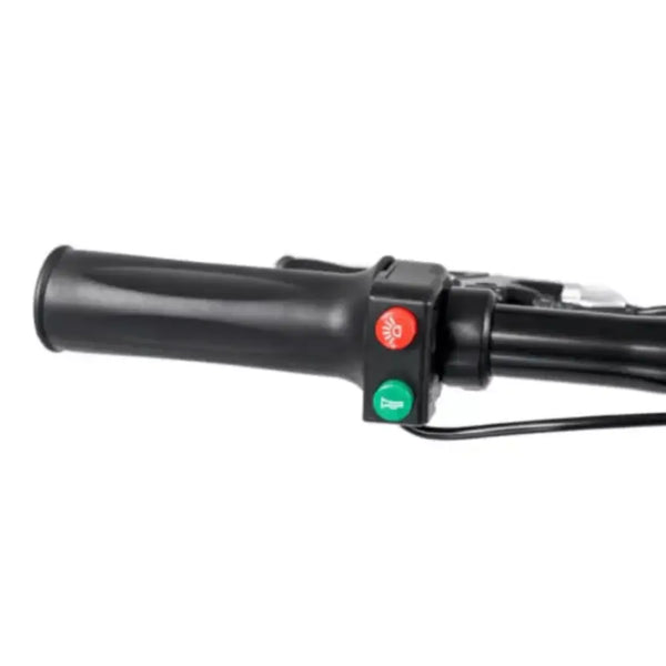 Close-up of the Axon Rides Pro electric bike handlebar showing integrated light and horn control buttons.