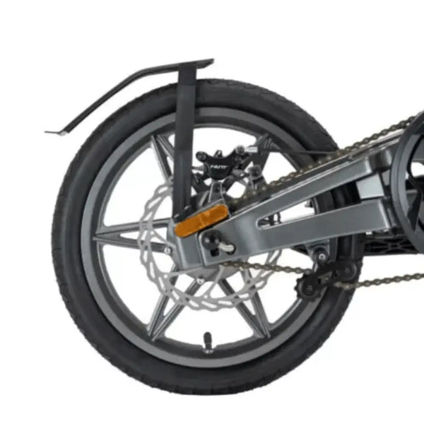 Rear wheel and drivetrain of the Axon Rides Pro Lightweight Folding Electric Bike 250W, featuring disc brakes and fender.