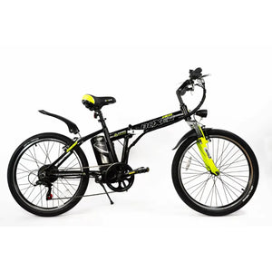 Side view of the black and neon yellow Basis Boxer 24-inch folding electric bike with its frame unfolded.