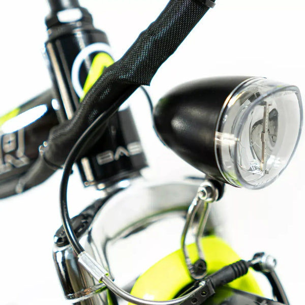 Detailed shot of the integrated front LED headlight on the Basis Boxer folding e-bike.