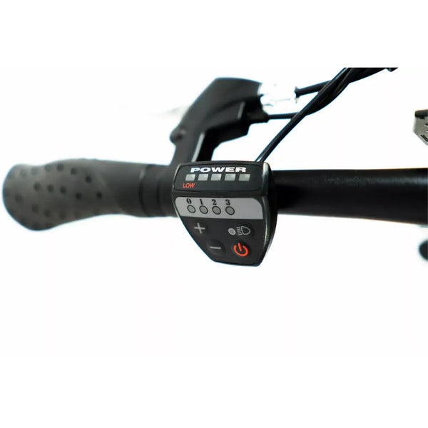 Close-up of the LED handlebar control panel, showing power level and battery indicator.