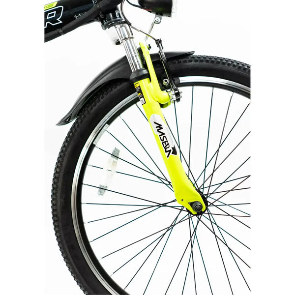 Close-up of the Masera suspension fork and 24-inch front wheel on the Basis Boxer e-bike.