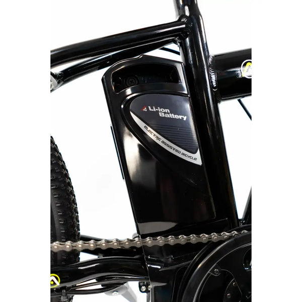 Close-up of the removable Lithium-ion battery pack mounted on the frame of the Basis Boxer.