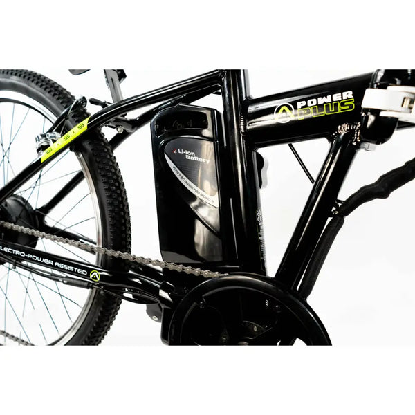 Close-up of the removable Li-ion battery pack integrated into the frame of the Basis Boxer e-bike.