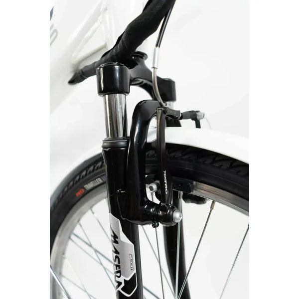 Detailed view of the Masera suspension fork and Tektro V-brake on the front wheel of the Basis Dorchester.