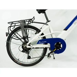 Close-up of the Shimano rear derailleur, cassette, and integrated cargo rack on the Basis Dorchester.