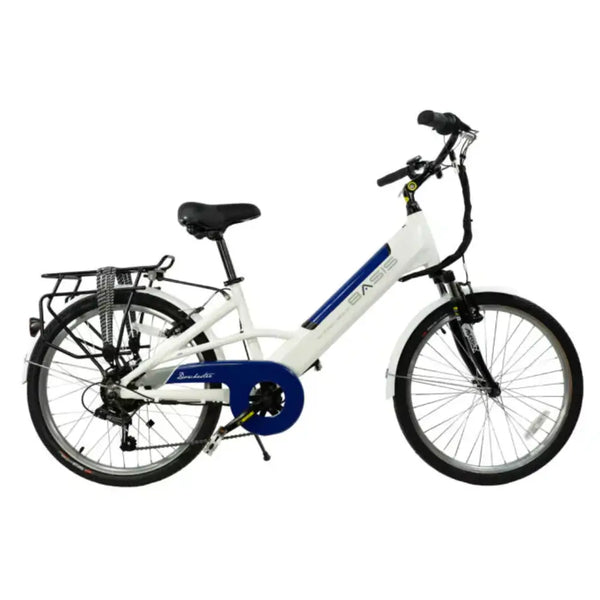Side view of the Basis Dorchester 24-inch electric bike with a low step-through frame and rear rack.