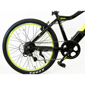 Close-up of the rear drivetrain on the Basis Hunter Unisex Electric Mountain Bike 250W showing chain, derailleur, and crankset.