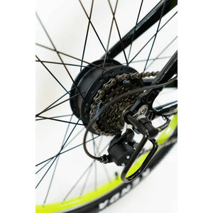 Close-up of the rear hub motor and multi-speed cassette on the Basis Hunter Unisex Electric Mountain Bike 250W, highlighting drivetrain components.