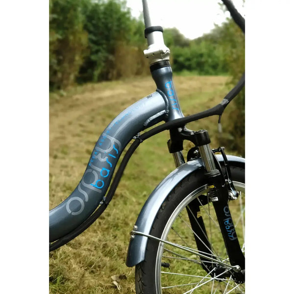 Close-up of the curved low-step frame and front suspension fork on the Basis Osprey Folding Electric Bike 250W in an outdoor setting.