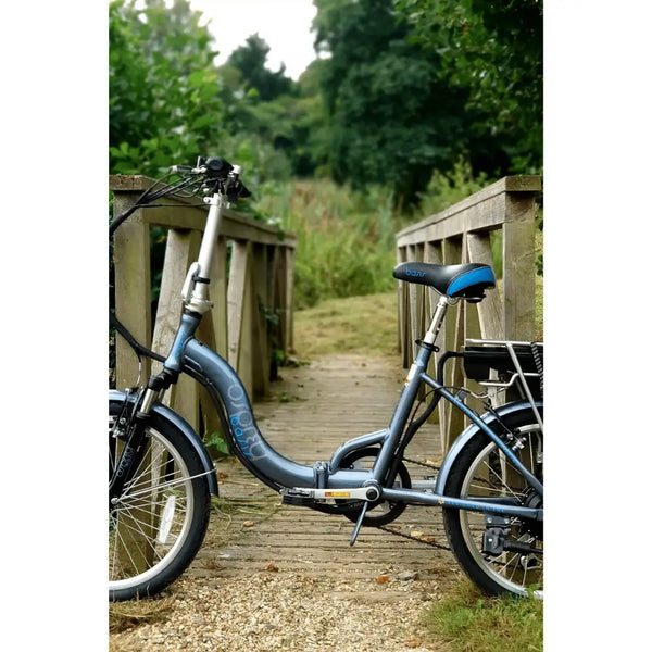 Basis Osprey Low Step Folding Electric Bike 250W parked on a wooden bridge in a scenic outdoor setting