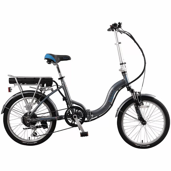 Side profile of the Basis Osprey Low Step Folding Electric Bike 250W featuring a rear rack-mounted battery and step-through frame.