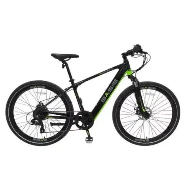 Basis Protocol Electric Hybrid Mountain Bike 250W in black with neon green accents, shown from the side profile.