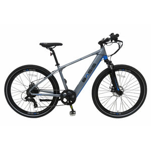 Side view of the Basis Protocol Electric Hybrid Mountain Bike 250W in silver, featuring integrated battery and disc brakes.