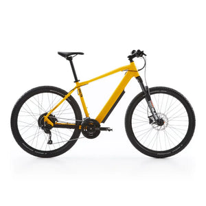 Side view of the Batribike Delta LTD electric hardtail mountain bike in yellow, featuring a 250W motor and front suspension for off-road trails.