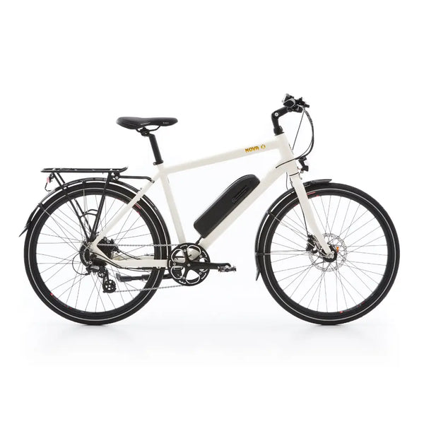 Side view of the Batribike Nova X electric hybrid bike with a 250W motor, featuring a rear rack and disc brakes for versatile urban and leisure riding.