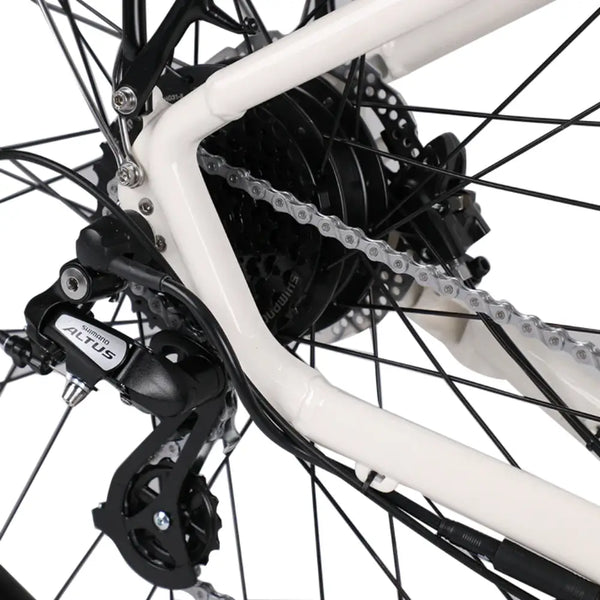 Close-up of the Batribike Nova X electric bike Shimano Altus rear derailleur and chain system.