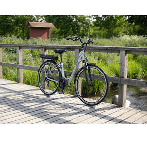 Batribike Zeta Classic Danish-style step-through electric bike with 250W motor, parked on a wooden bridge with green countryside in the background.