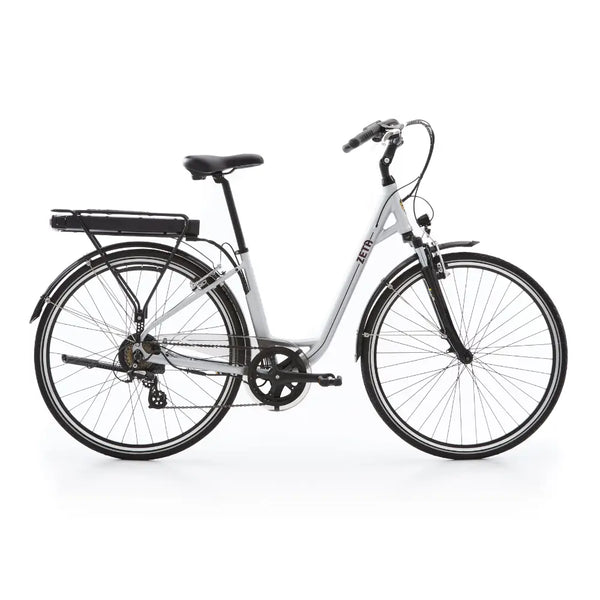 Side view of the Batribike Zeta Classic Danish-style step-through electric bike with 250W motor, upright handlebars, and rear pannier rack, designed for comfortable everyday rides.