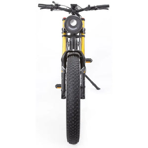 Front view of the Big Game Bikes Buffalo Alpha Plus electric bike showcasing wide tyre, headlight, and suspension fork.