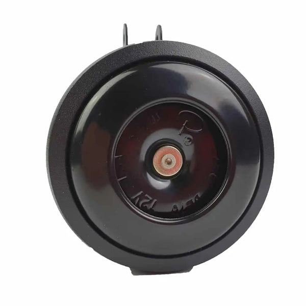 Front-facing view of Big Game Bikes 125dB electric bike horn showing speaker opening.