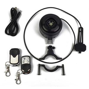 Big Game Bikes 125dB electric bike horn and alarm set with remote controls, mount, and charging cable.