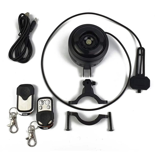 Big Game Bikes 125dB electric bike horn and alarm set with remote controls, mount, and charging cable.