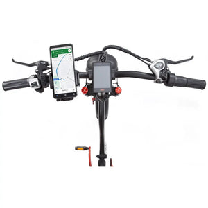 Handlebar top view of the Big Game Bikes Impala Alpha Plus with mounted smartphone for GPS navigation and LCD display.